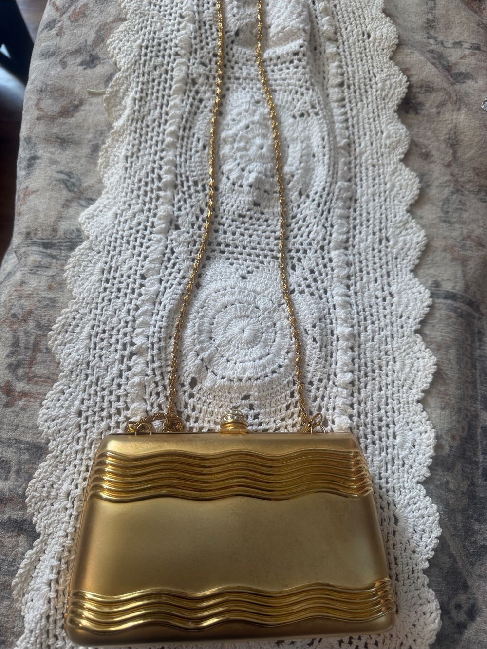 Gold Metallic Wave-Detail Chain Shoulder Clutch Sasha